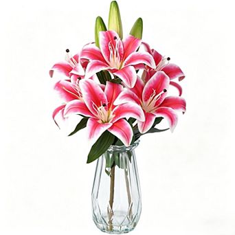 6 pc Real Touch Artificial Tiger Lily Flowers with Vase, 3 Stems 6 Blooms