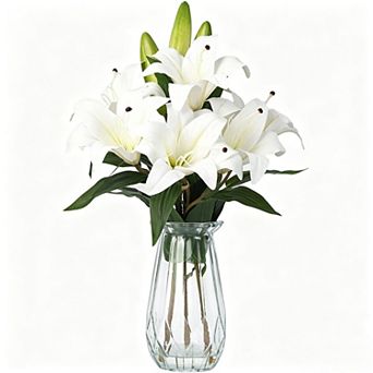 6 pc Real Touch Artificial Tiger Lily Flowers with Vase, 3 Stems 6 Blooms
