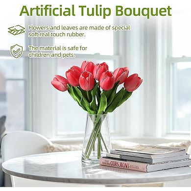 10 Stems Realistic Faux Silk Tulips Flowers with Bendable Stems and Glass