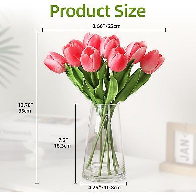 10 Stems Realistic Faux Silk Tulips Flowers with Bendable Stems and Glass