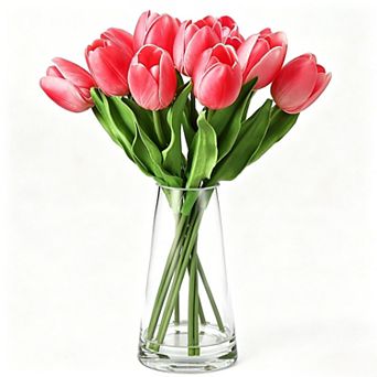10 Stems Realistic Faux Silk Tulips Flowers with Bendable Stems and Glass