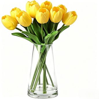 10 Stems Realistic Faux Silk Tulips Flowers with Bendable Stems and Glass