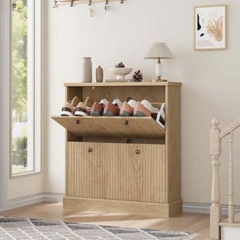 Shoe Cabinet with 2 Flip Drawers, Hidden Wooden Fluted Shoe Cabinet with Adjustable Shelf