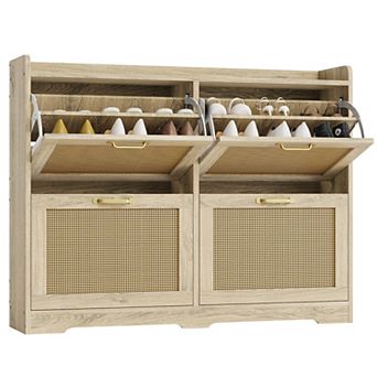 Rattan Shoe Storage Cabinet,Shoe Cabinet With 4 Flip Drawers,Hidden Shoe Rack,Wood Shoe Organizer