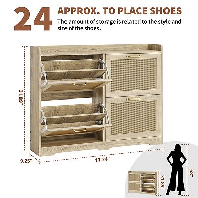 Rattan Shoe Storage Cabinet,Shoe Cabinet With 4 Flip Drawers,Hidden Shoe Rack,Wood Shoe Organizer