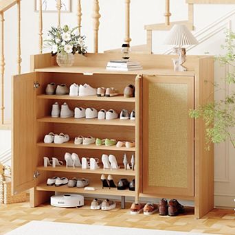 Rattan Shoe Storage Cabinet, 47 in Large Farmhouse Boho Wood Shoe Rack Cabinet with Rattan Doors