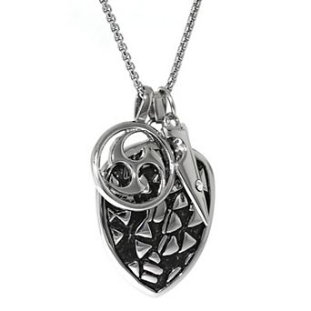 LYNX Men's Ion-Plated Stainless Steel 3 Charm Cubic Zirconia Shield Pendant Necklace