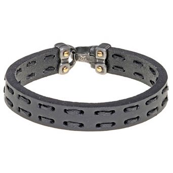 LYNX Men's Two Tone Ion-Plated Stainless Steel & Stitched Leather Bracelet
