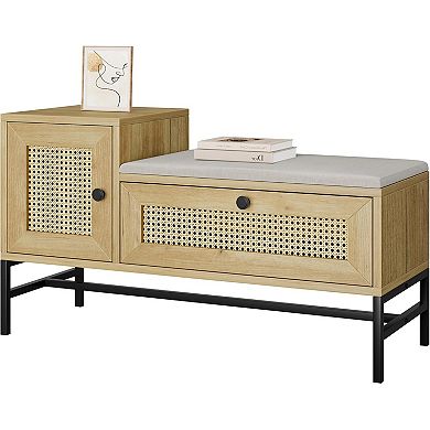 Rattan Shoe Bench Entryway Bench with Storage Drawer and Cabinet