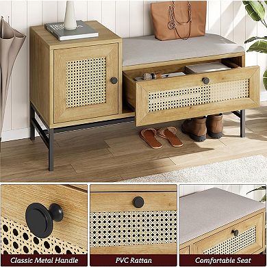 Rattan Shoe Bench Entryway Bench with Storage Drawer and Cabinet