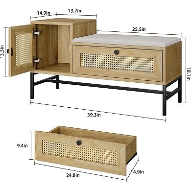 Rattan Shoe Bench Entryway Bench with Storage Drawer and Cabinet
