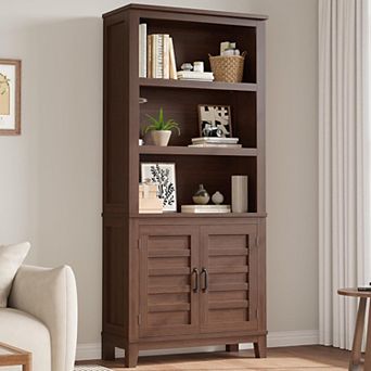 Bookcase with Door 5 tier Storage Bookshelf Wooden Farmhouse Bookshelves Rustic Vintage Etagere