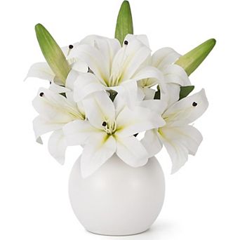 Artificial Lily Flowers with Ceramic Vase, Silk Lily Flower Arrangement, Fake Flowers in Vase
