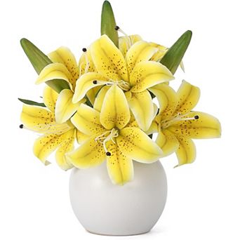 Artificial Lily Flowers with Ceramic Vase, Silk Lily Flower Arrangement, Fake Flowers in Vase