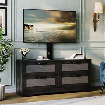Rattan TV Stand with Mount 4 Drawer Dresser Entertainment Center for TVs up to 70 Inch