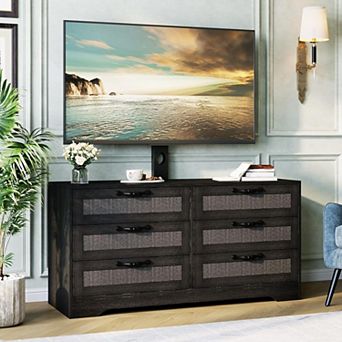 TV Stand with Mount 47.2" Modern Entertainment Center, 6 Drawer Rattan Dresser for 32-85 Inch TVs