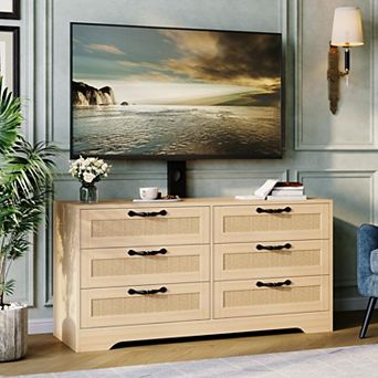 TV Stand with Mount 47.2" Modern Entertainment Center, 6 Drawer Rattan Dresser for 32-85 Inch TVs