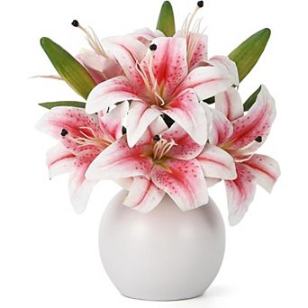 Artificial Lily Flowers with Ceramic Vase, Silk Lily Flower Arrangement, Fake Flowers in Vase
