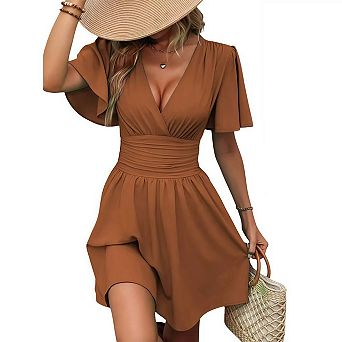 Women V Neck Short Sleeve Mini Dress Casual High Waist A-Line Flowy Dress for Cocktail Wedding Guest
