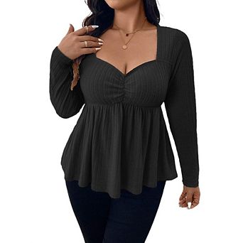 Women's Rib Knit Sweater Neck Sweetheart Long Sleeve Ruched Front Peplum Elegant Blouse
