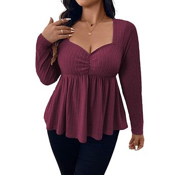 Women's Rib Knit Sweater Neck Sweetheart Long Sleeve Ruched Front Peplum Elegant Blouse