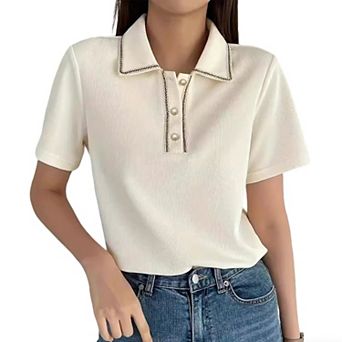 Womens Waffle Knit Short Sleeve Polo Boho Shirt Loose Fit Pearl Button Top Summer Casual Soft Blouse