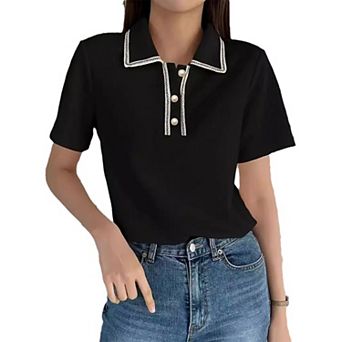 Womens Waffle Knit Short Sleeve Polo Boho Shirt Loose Fit Pearl Button Top Summer Casual Soft Blouse