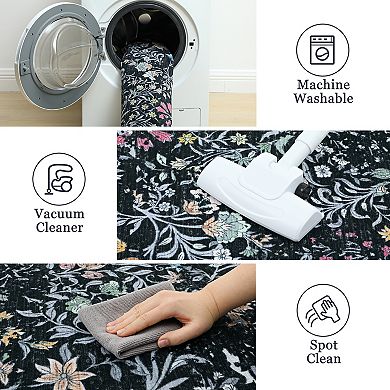 Floral Area Rugs, Washable Boho Forest Giverny Stain Resistant Non Slip Low Pile Carpet
