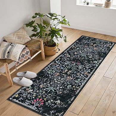 Floral Area Rugs, Washable Boho Forest Giverny Stain Resistant Non Slip Low Pile Carpet