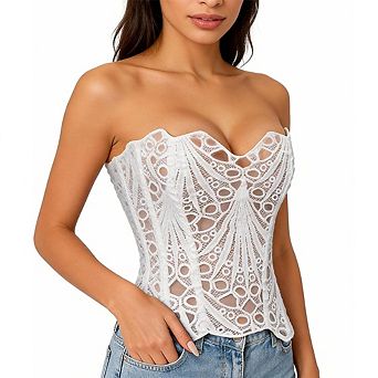 Women Lace Overbust Corset Top Strapless Floral Embroidery Waist Vest