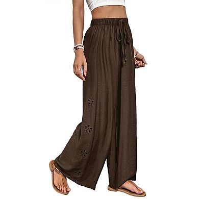 Womens Summer Elastic High Waist Pants Drawstring Casual Loose Wide Leg Trousers Pants