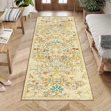 Floral Area Rugs, Washable Boho Forest Giverny Stain Resistant Non Slip Low Pile Carpet