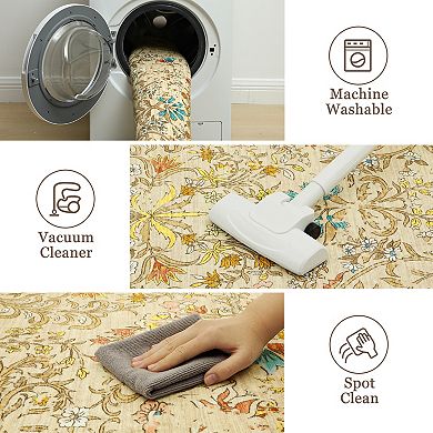 Floral Area Rugs, Washable Boho Forest Giverny Stain Resistant Non Slip Low Pile Carpet