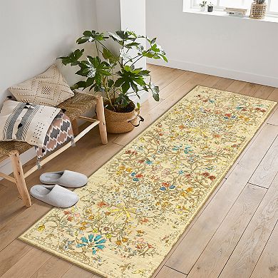 Floral Area Rugs, Washable Boho Forest Giverny Stain Resistant Non Slip Low Pile Carpet