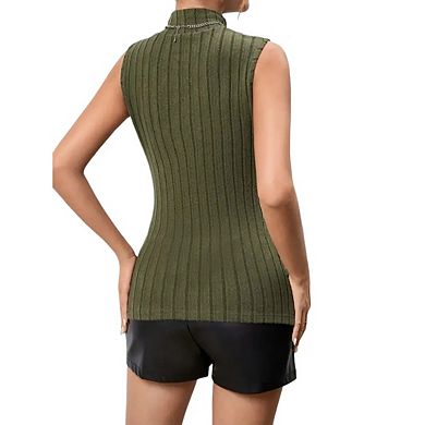 Women's Mock Neck Casual Sleeveless Knit Twisted Split Hem Tank Top