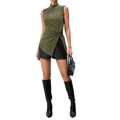 Women's Mock Neck Casual Sleeveless Knit Twisted Split Hem Tank Top