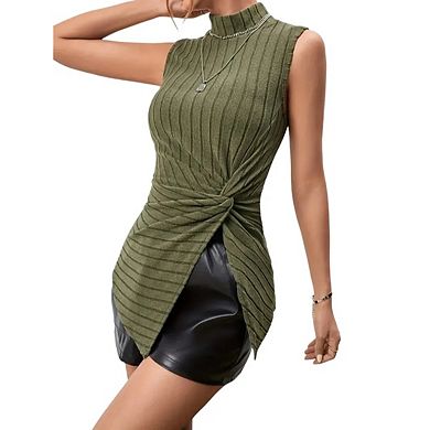 Women's Mock Neck Casual Sleeveless Knit Twisted Split Hem Tank Top