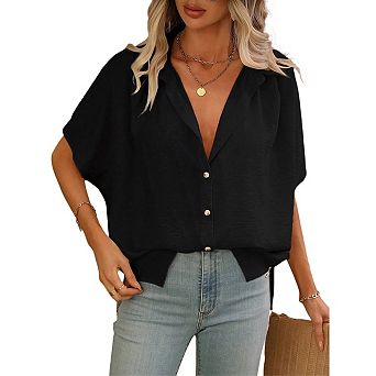 Button Down Short Sleeve Shirts for Women V Neck Loose Roll Up Collared Shirt Casual Summer Tops