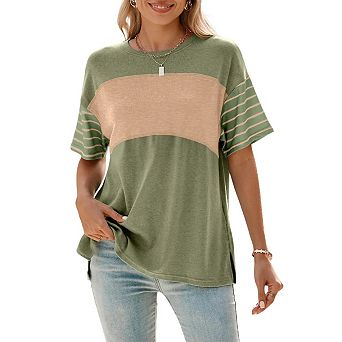 Summer Tops Trendy Oversized Crewneck Casual Color Block Striped Womens Shirts Blouses