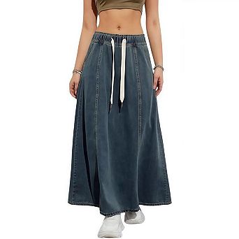 Women Denim Skirts Trendy A Line Long Maxi Pull On Elastic Waist Drawstring Jean Skirt with Pockets