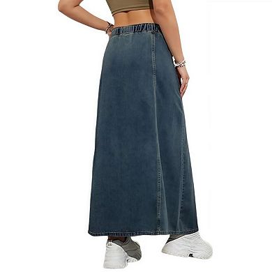 Women Denim Skirts Trendy A Line Long Maxi Pull On Elastic Waist Drawstring Jean Skirt with Pockets