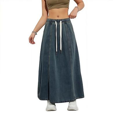 Women Denim Skirts Trendy A Line Long Maxi Pull On Elastic Waist Drawstring Jean Skirt with Pockets