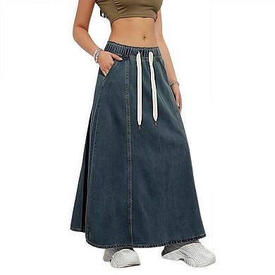 Women Denim Skirts Trendy A Line Long Maxi Pull On Elastic Waist Drawstring Jean Skirt with Pockets