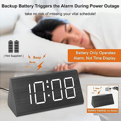 Wooden Alarm Clock Large Numbers USB Charger Adjustable Volume 5-Level Dimmer DST Wood Decor