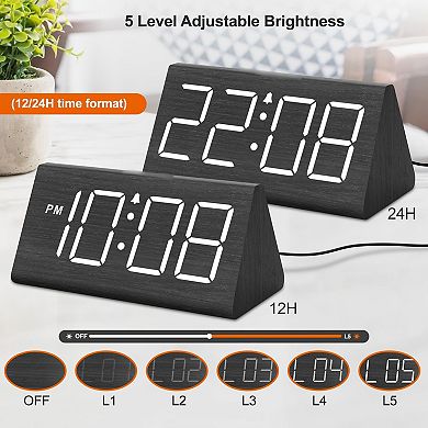 Wooden Alarm Clock Large Numbers USB Charger Adjustable Volume 5-Level Dimmer DST Wood Decor