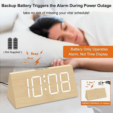 Wooden Alarm Clock Large Numbers USB Charger Adjustable Volume Dimmer Snooze DST Wood Decor