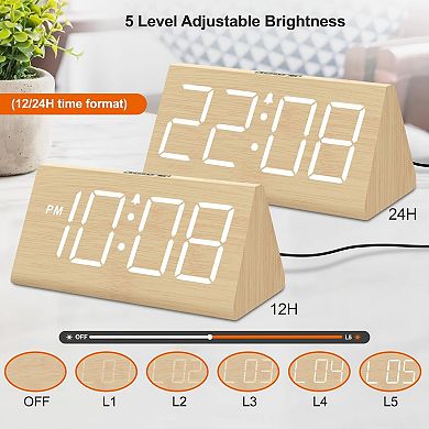 Wooden Alarm Clock Large Numbers USB Charger Adjustable Volume Dimmer Snooze DST Wood Decor