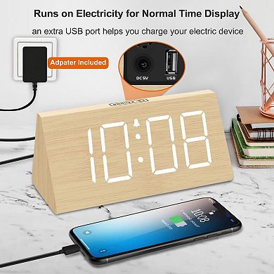 Wooden Alarm Clock Large Numbers USB Charger Adjustable Volume Dimmer Snooze DST Wood Decor
