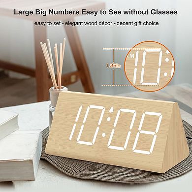 Wooden Alarm Clock Large Numbers USB Charger Adjustable Volume Dimmer Snooze DST Wood Decor