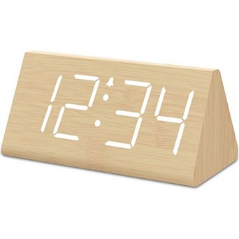 Wooden Alarm Clock Large Numbers USB Charger Adjustable Volume Dimmer Snooze DST Wood Decor